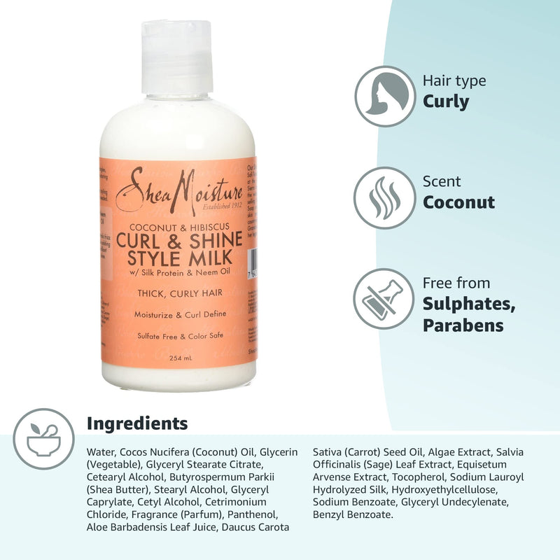 [Australia] - Shea Moisture Coconut & Hibiscus Curl and Shine Milk, with Silk Protein and Neem Oil, to Moisturise and Curl Define for Thick, Curly Hair 254 ml 254 ml (Pack of 1) 