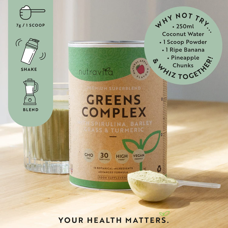 [Australia] - Super Greens Powder Complex - Natural Apple Flavour - Premium Superfood Powder Blend with Spirulina, Barley Grass and Turmeric - High Fibre, Vegan Friendly, and GMO Free - Made in The UK by Nutravita 