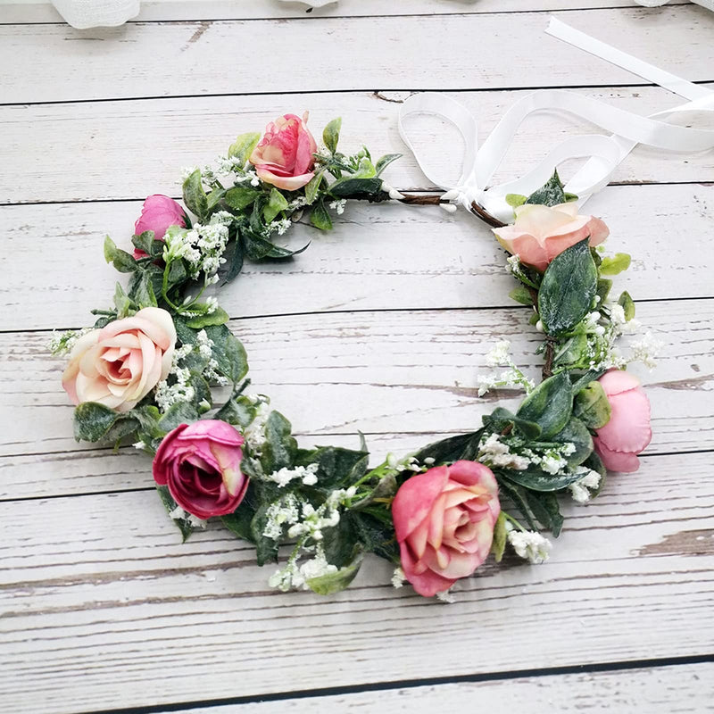 [Australia] - DDazzling Rose Flower Crown Lily Floral Crown Baby Shower Photo Props Wedding Festival Hair Accessories Green Leaf and Fuchsia Flower 