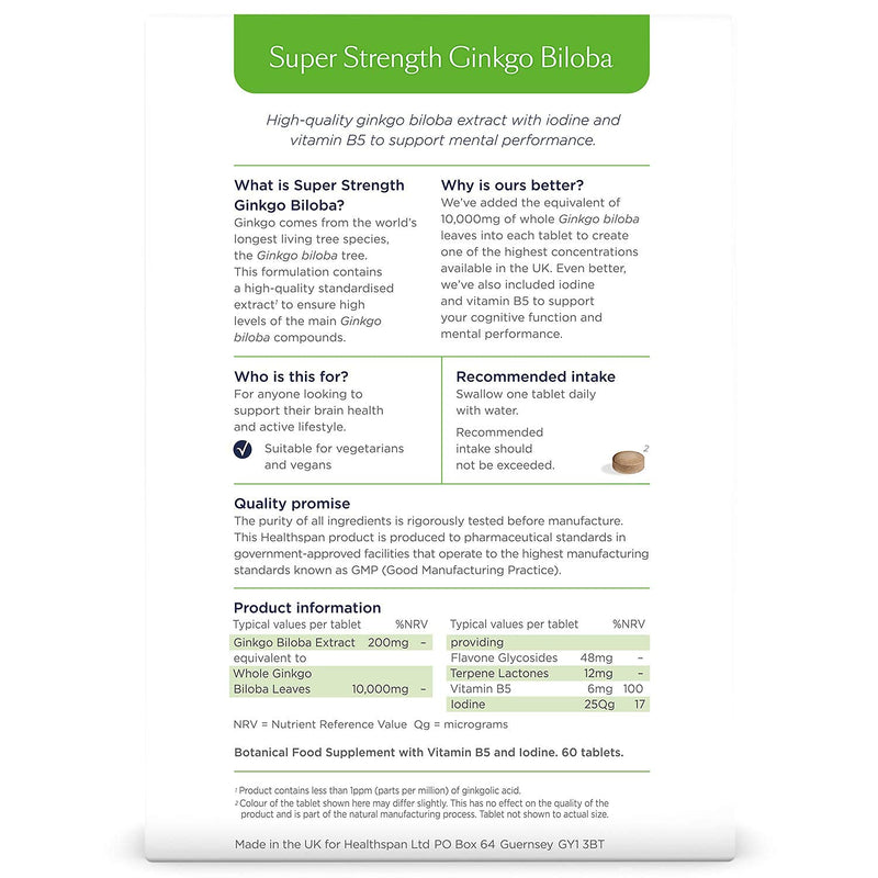 [Australia] - Healthspan Ginkgo Biloba 10,000 (120 Tablets) | Maximum Strength Ginkgo Extract | for Cognitive & Mental Function | Added Iodine & Vitamin B5 | Supports Energy | Vegan 