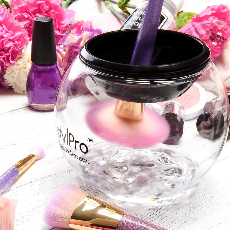 [Australia] - STYLPRO Electric Makeup Brush Cleaner and Dryer Machine with 8 Brush Collars, Brush Cleanser - Fast, Automatic Spinning Brush Cleaner with Heat-Resistant Bowl - Premium Makeup Brush Cleaning Kit 