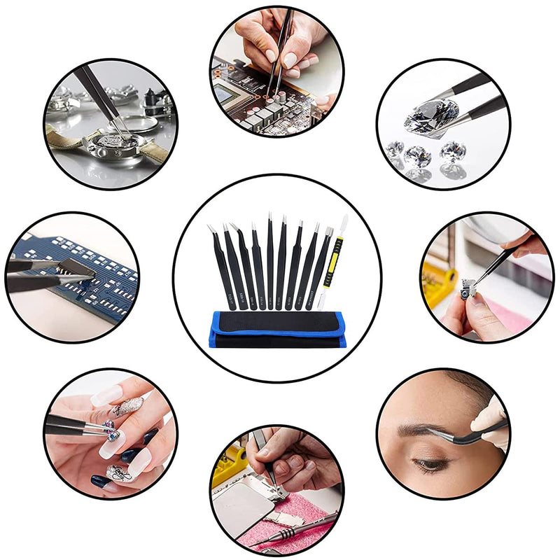 [Australia] - Precision ESD Tweezers Set, Anti-Static Stainless Steel Tweezers Set Kit Perfect for Electronics, Craft, Jewellery, Soldering, Laboratory Work and Detailed Work 10pcs 