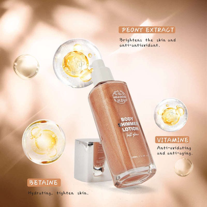 [Australia] - VIOLA HOUSE Body Shimmer Highlighter Makeup, Face Body Glow Illuminator, Waterproof Moisturizing Liquid Spray, Radiance All In One Makeup Shimmer Body Lotion,100ML/3.38oz (Shallow Bronze) Shallow Bronze 