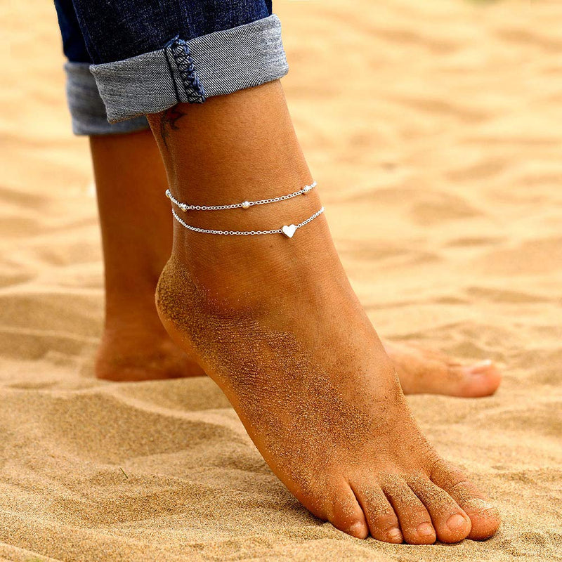 [Australia] - Ankle Bracelets for Women Gold Silver Anklets for Women Beads Heart Anklet Beach Boho Anklets Foot Jewelry A: Silver 