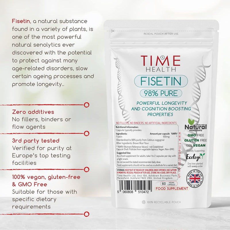 [Australia] - Fisetin - Ultra Pure - 100mg - 60 Capsules - Anti-Ageing - Autophagy - Senolytic - GMP Standards - UK Made - Vegan (60 Capsule Pouch) 60 Count (Pack of 1) 