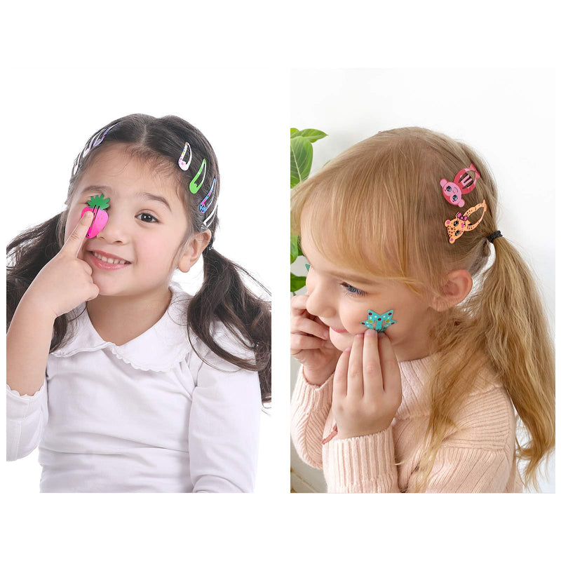 [Australia] - Hair Clips for Girls, Funtopia 100 Pcs No Slip Metal Snap Hair Clips Barrettes for Kids Teens Women, Cute Candy Color Cartoon Design Hair Pins (Animals Fruits Crowns Stars) 