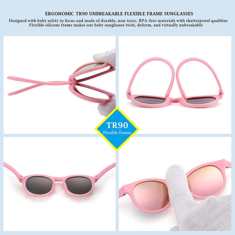 [Australia] - Baby Polarized Sunglasses for Toddler Boys & Girls Round Flexible Frame with Strap Adjustable Age 0-24 Months A1* (Pink/Pink Mirrored + Pink/Gray) - 2 Pack 40 Millimeters 