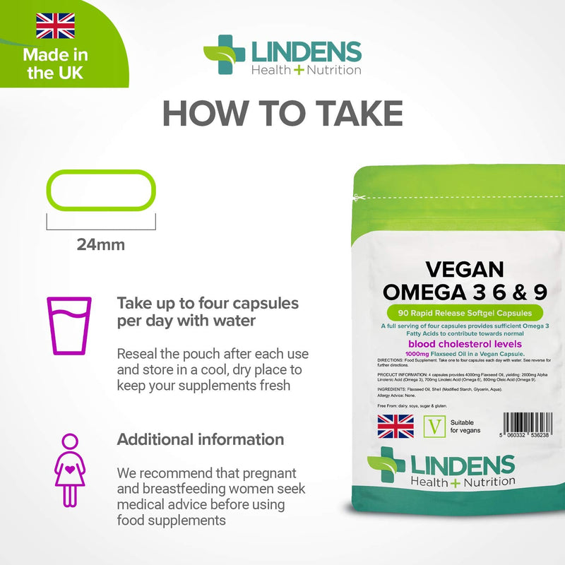 [Australia] - Lindens Vegan Omega 3, 6 & 9 Flaxseed 1000mg Softgel Capsules - 90 Capsules - Rapid-Release - UK Manufacturer, Letterbox Friendly 