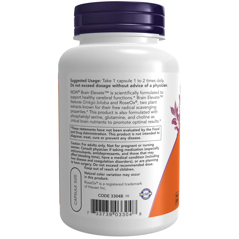 [Australia] - NOW Supplements, Brain Elevate™, Featuring Ginkgo Biloba, RoseOx® and Phosphatidyl Serine, 120 Veg Capsules 