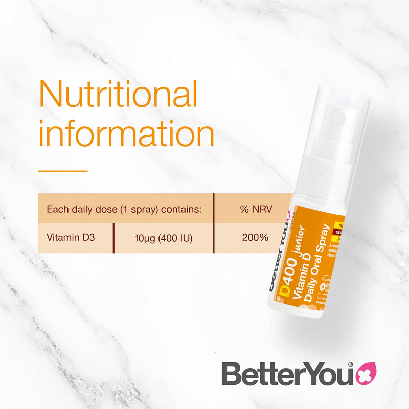 [Australia] - BetterYou Vitamin D 400 IU Junior Daily Oral Spray, Pill-free Vitamin D3 Supplement for Children, 3-month Supply, Made in the UK, Natural Peppermint Flavour 15 ml (Pack of 1) 