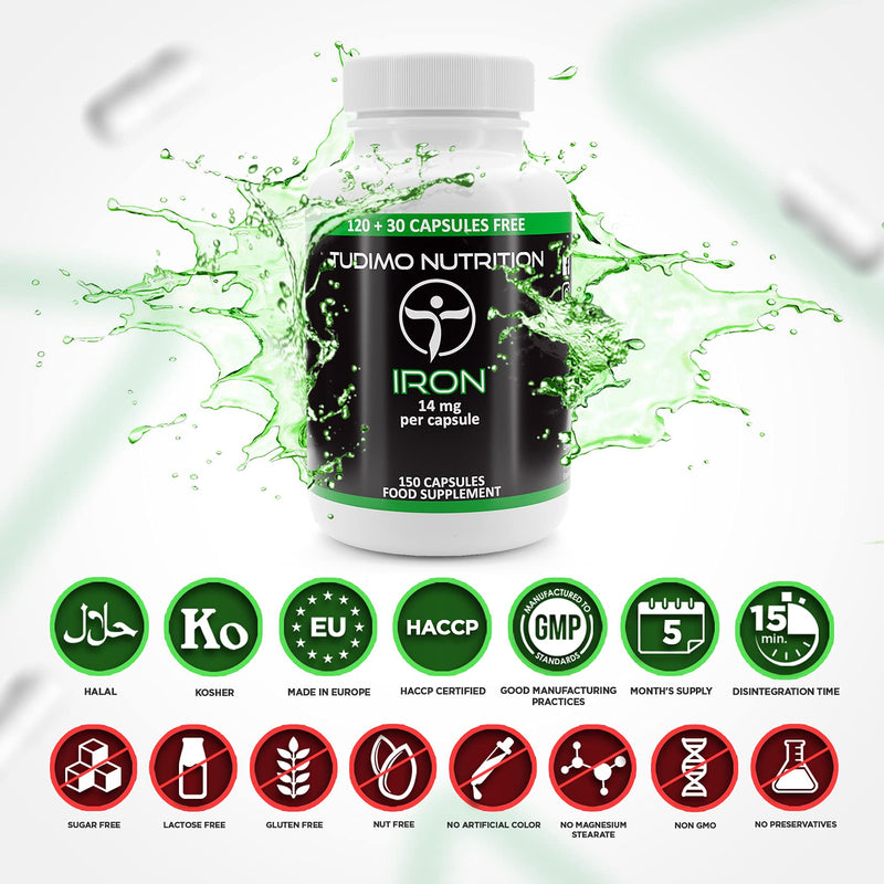 [Australia] - Iron 14 mg Ferrous Fumarate Capsules | 150 pcs (5 Month Supply) of Rapidly Disintegrating Capsules, Each with 14mg of Premium Quality Extra Strength Powder 