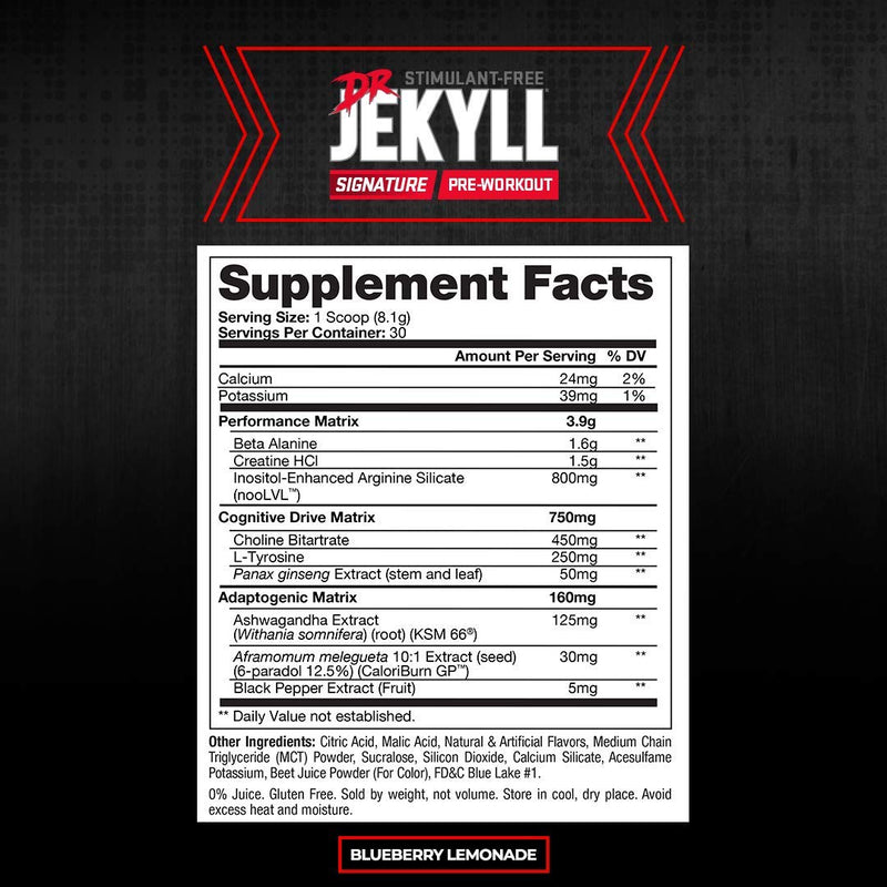 [Australia] - ProSupps Dr. Jekyll Signature Pre-Workout Powder, Stimulant & Caffeine Free, Intense Focus, Energy & Pumps, (30 Servings, Blueberry Lemonade) 