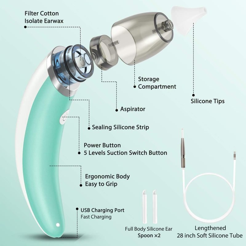 [Australia] - Ear Wax Vacuum Removal, Safe Electric Ear Cleaner Strong Suction Earwax Sucker 5 Levels Spiral Silicone Ear Wax Remover Tool Reusable Effective Earwax Removal kit Ear Cleaning Tool for Adult Kids 