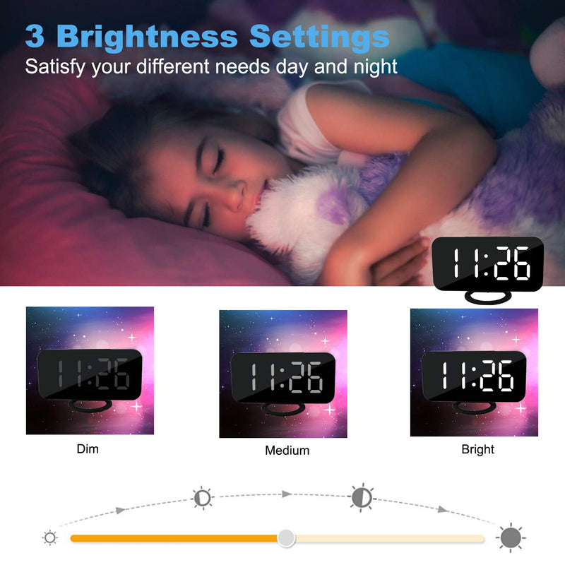 [Australia] - Digital Clock Large Display, LED Alarm Electric Clocks Mirror Surface for Makeup with Diming Mode, 3 Levels Brightness, Dual USB Ports Modern Decoration for Home Bedroom Decor-Black Black-white 