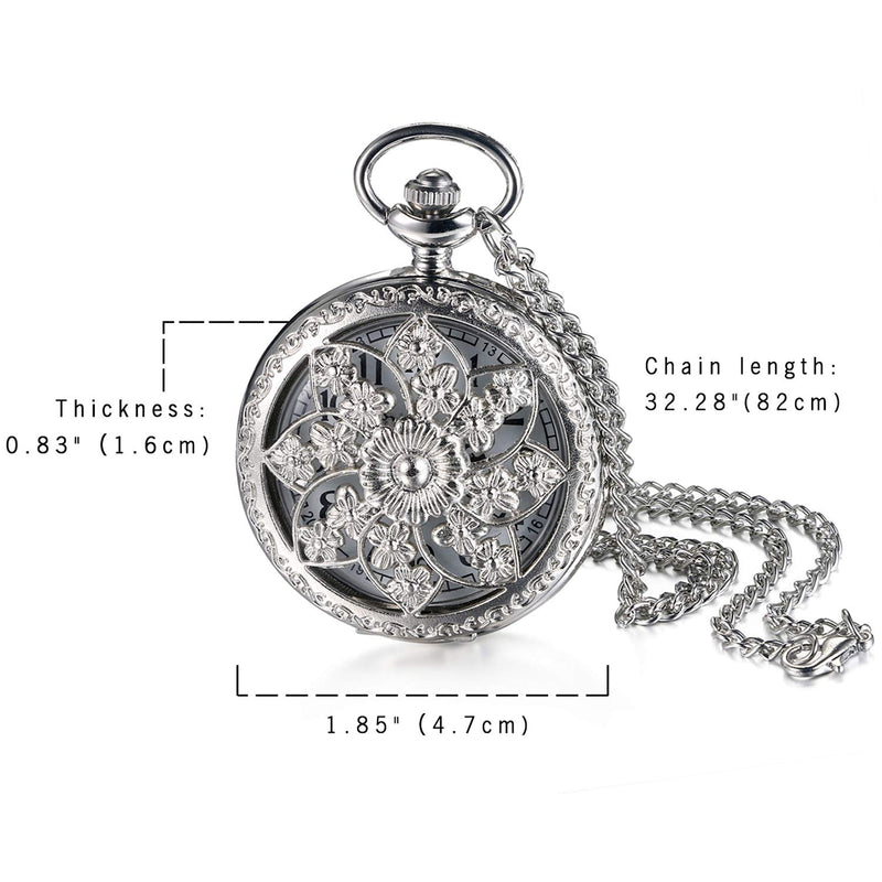 [Australia] - Avaner Antique Bronze Retro Hollow Rose Flowers Openwork Quartz Pocket Watch for Women Girls silver 