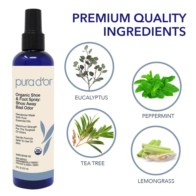 [Australia] - PURA D'OR Organic Shoe & Foot Odor Eliminator Spray (8oz) Deodorizes & Removes Bad Smells with Eucalyptus, Peppermint, Tea Tree, Lemongrass Essential Oil, Maximum Strength (Packaging may vary) 