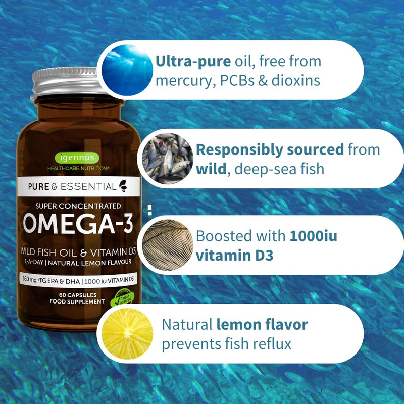 [Australia] - Pure & Essential Omega-3 & D3 1000iu, Fast-Acting rTG, 1-a-Day, Highly Concentrated EPA & DHA Wild Fish Oil, Non-GMO 60 Servings 