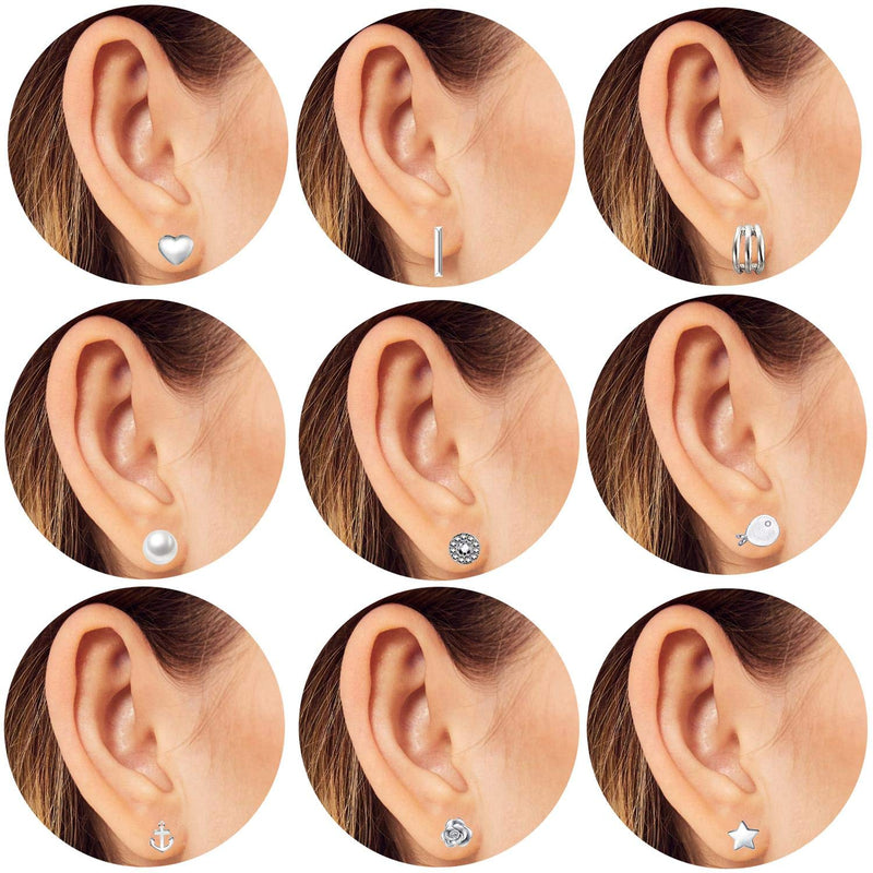 [Australia] - 42 Pairs Stud Earrings set Assorted Multiple Vintage for Women Girls Simple Hoop earring set Women's Girl's jewelry Silver 