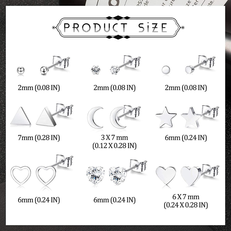 [Australia] - Milacolato 6-9 Pairs Stud Earrings Surgical Steel Dainty Small Heart Moon and Star Earrings Minimalist Geometric CZ Silver Ball and Triangle Earrings Sets for Women Men 9Pairs 