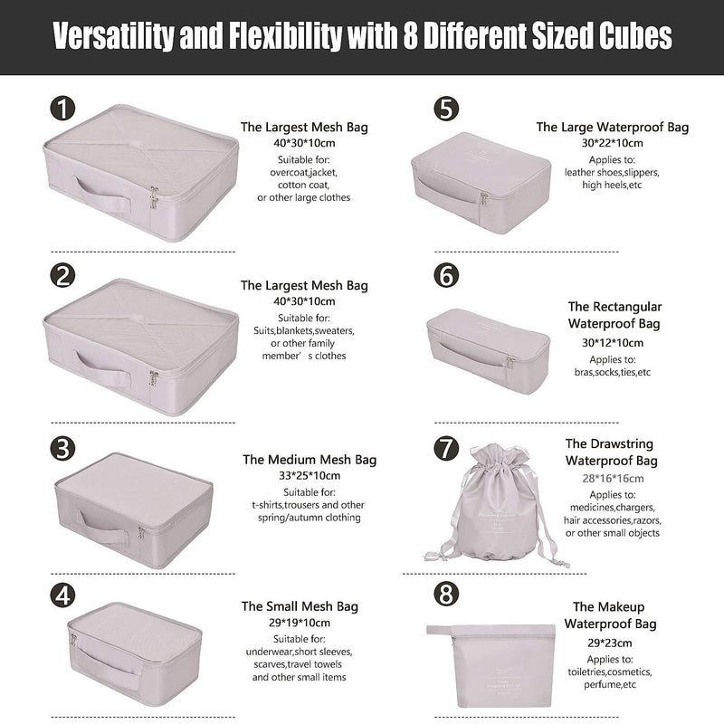 [Australia] - BETLLEMORY Packing Cubes 8 Sets Travel Luggage Organizers with Waterproof Shoe Storage Bag Compression Pouches(Grey) Grey 