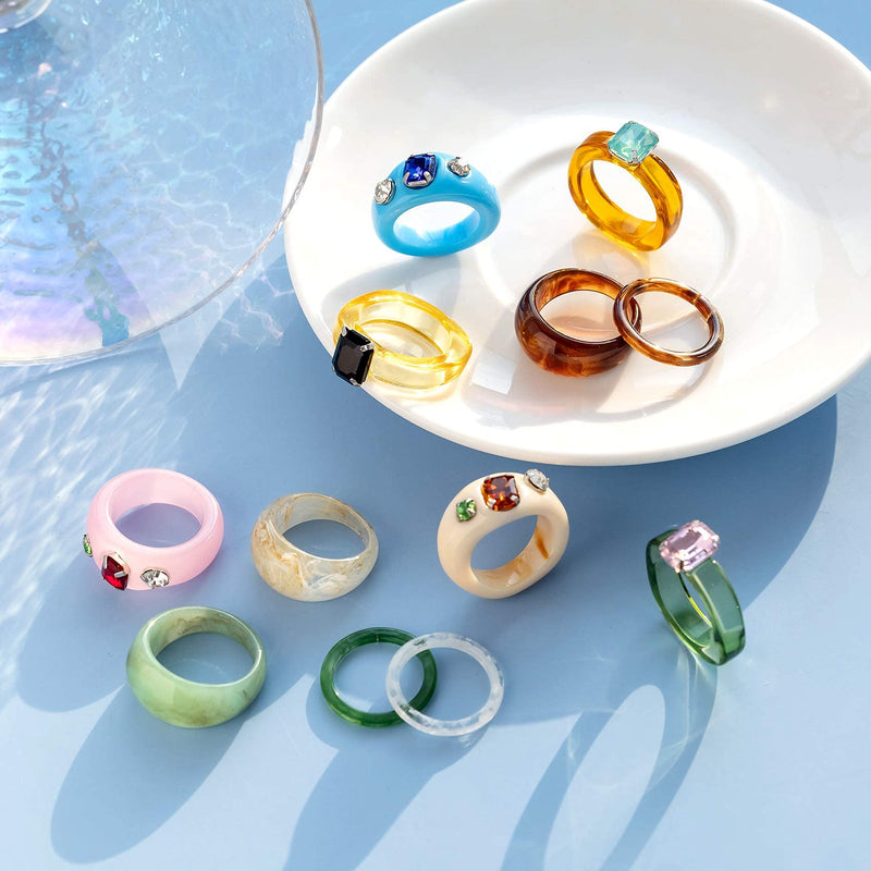 [Australia] - BMMYE 12Pcs Resin Rings for Women Girls Colorful Wide Thick Dome Acrylic Rings Retro Chunky Plastic Transparent Finger Ring for Adult Women's Beach Jewelry Style 1 