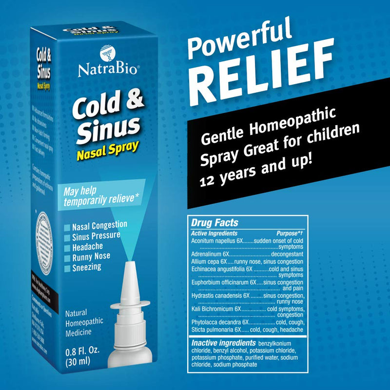 [Australia] - NatraBio Cold & Sinus Nasal Spray | Homeopathic for Temporary Relief of Cold & Sinus Symptoms, Congestion, Pressure, Headache & Runny Nose | 0.8oz 