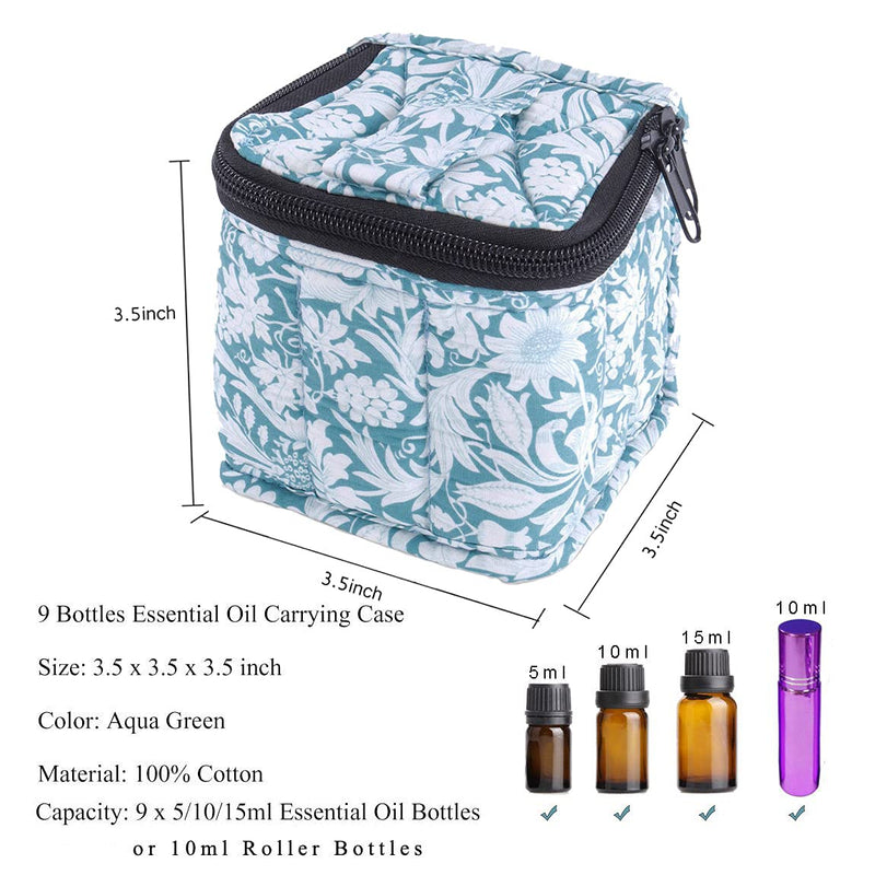 [Australia] - 9 Bottles Essential Oil Carrying Case Shockproof Essential Oils Organizer Travel Bag Suitable for 5ml,10ml,15ml Bottles or 10ml Roller Bottles with Portable Handle and Double Zipper (Aqua Green) Aqua Green 