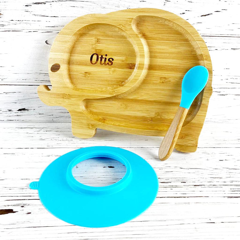 [Australia] - Personalised Elephant Baby Plate Bamboo, Bamboo Plates with Suction, Stay Put Plate, Baby Toddler Weaning Section Plate Spoon Set Green 