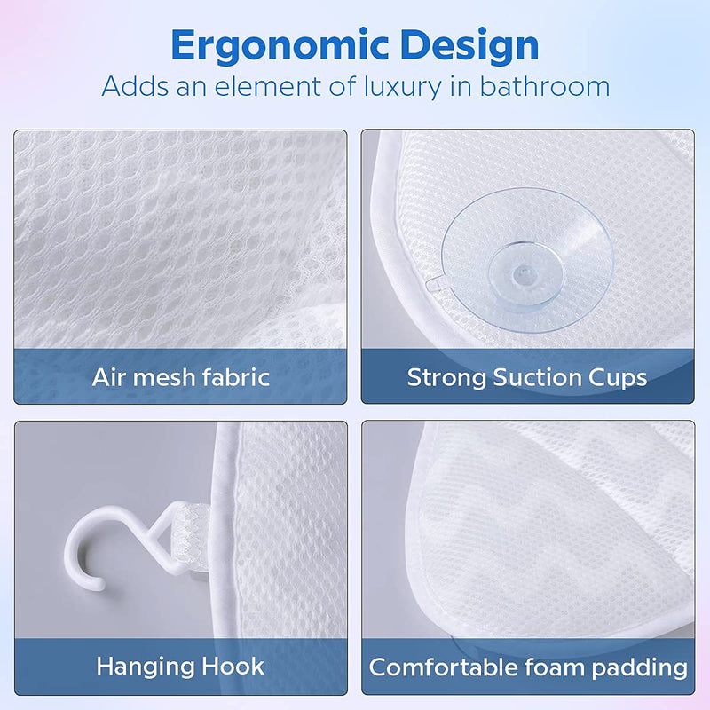 [Australia] - ADOV Bath Pillow, Non-Slip Comfortable Luxury Bathtub Pillow with 6 Suction Cups, Ergonomic 3D Air Mesh Headrest Cushion for Head, Shoulder, Neck and Back Support Relaxation Home Spa Hot Tub Jacuzzi 