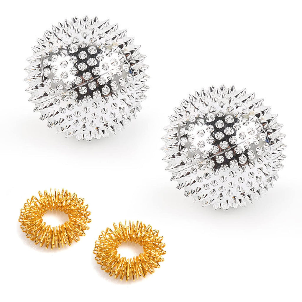 [Australia] - 2 Pcs Magnetic Acupressure Balls with 2 Pcs Massage Rings, Hand Massage Ball, ABS Massage Ball, Small Hand Massager, Silver Hand Massage Ball, Gold Mini Finger Massager. 