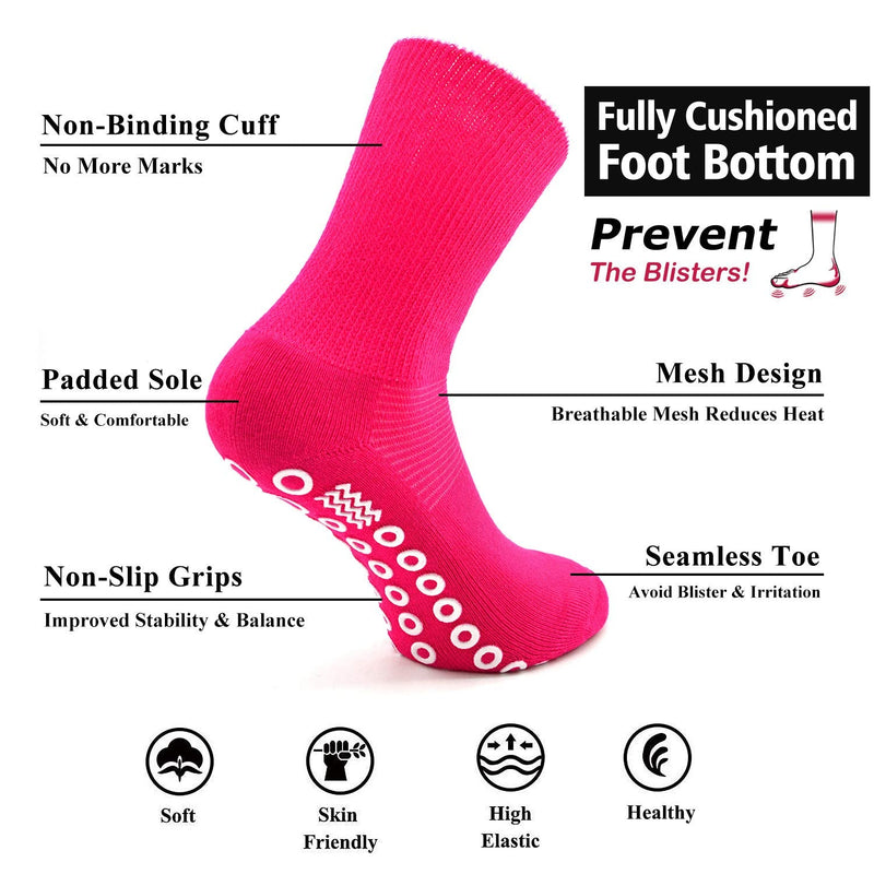 [Australia] - Non-Skid Diabetic Socks for Men Women with Grips, Socks Daze Non-Binding Crew Circulation Half Cushioned Non Slip Socks 10-13 4 Pairs Rose Red 