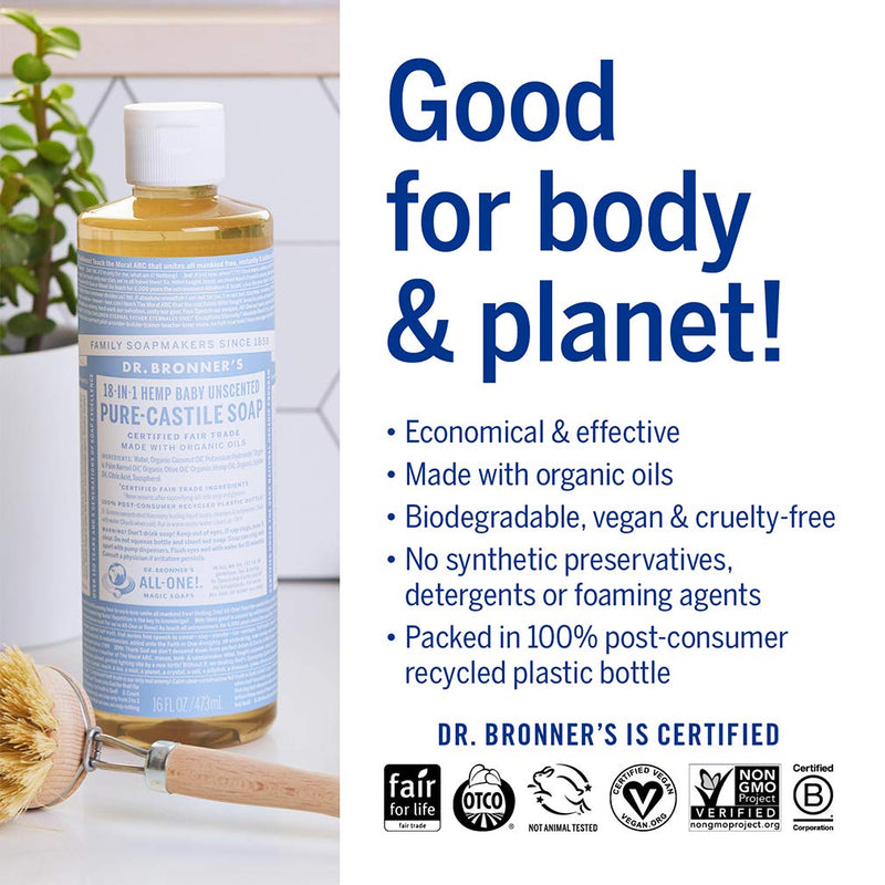 [Australia] - DR BRONNERS Organic Baby Pure Castille Liquid Soap 473ml (PACK OF 1) Unscented 473 ml (Pack of 1) 