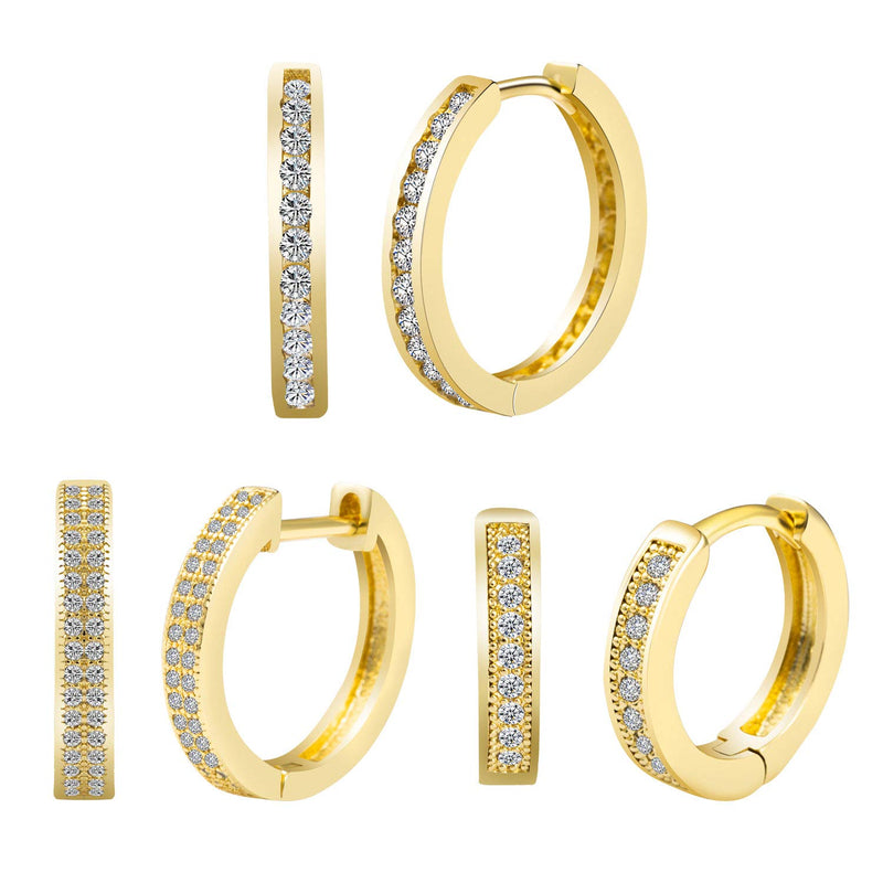 [Australia] - SEENI 3Pair Cubic Zirconia Cuff Earrings Huggie Stud Hoop Earrings For Women Gift Golden 3pair Set 