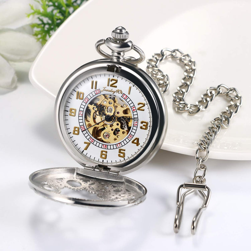 [Australia] - JewelryWe Automatic Mechanical Watch Classic Hollow Gear Skeleton Hand Wind Steampunk Retro Watch with Chain for Father’s Day silver 