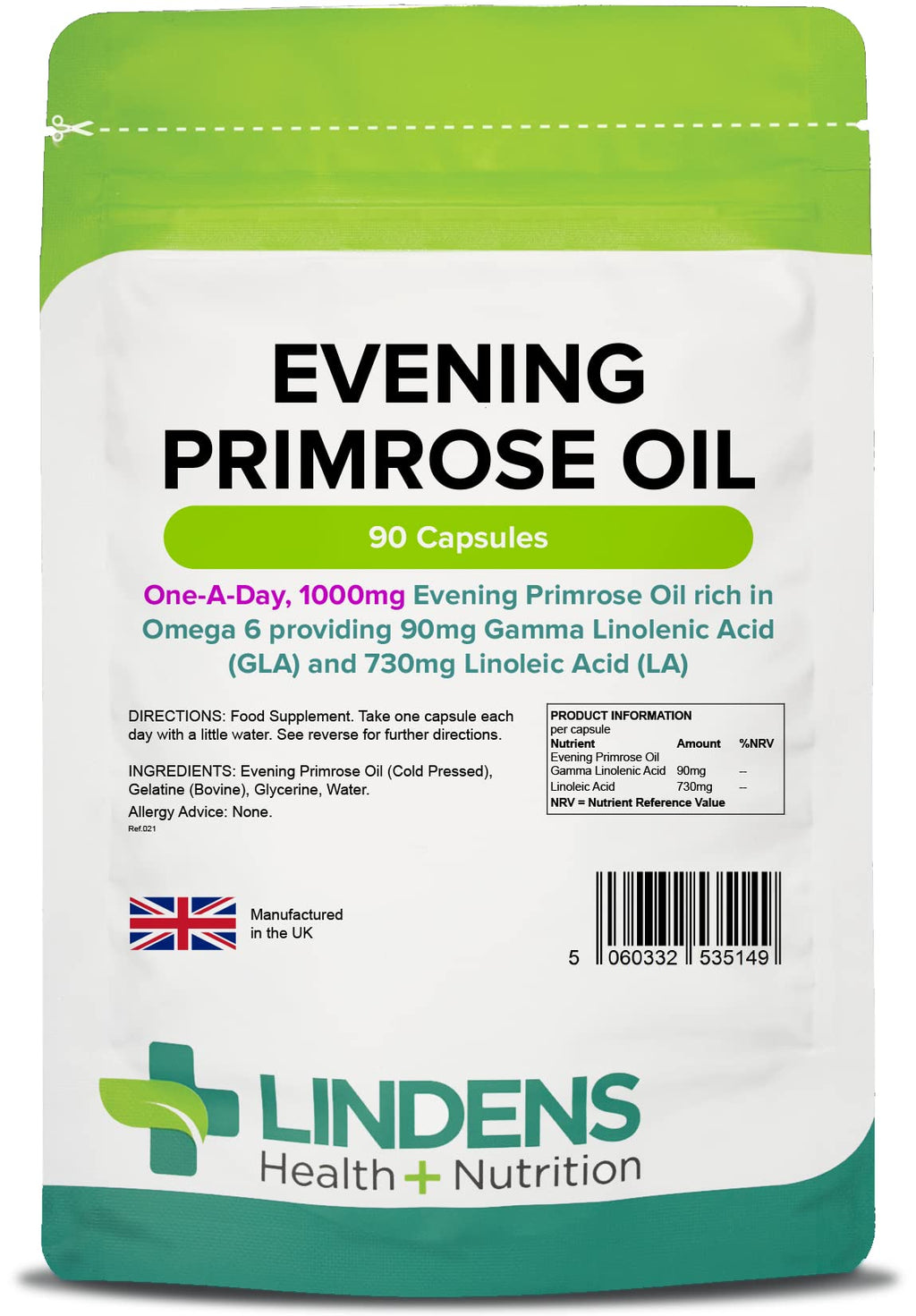[Australia] - Lindens Evening Primrose Oil 1000mg Capsules - 90 Pack - High Strength, Popular with Women Contains Linoleic Acid & Gamma Linoleic Acid - UK Manufacturer, Letterbox Friendly 