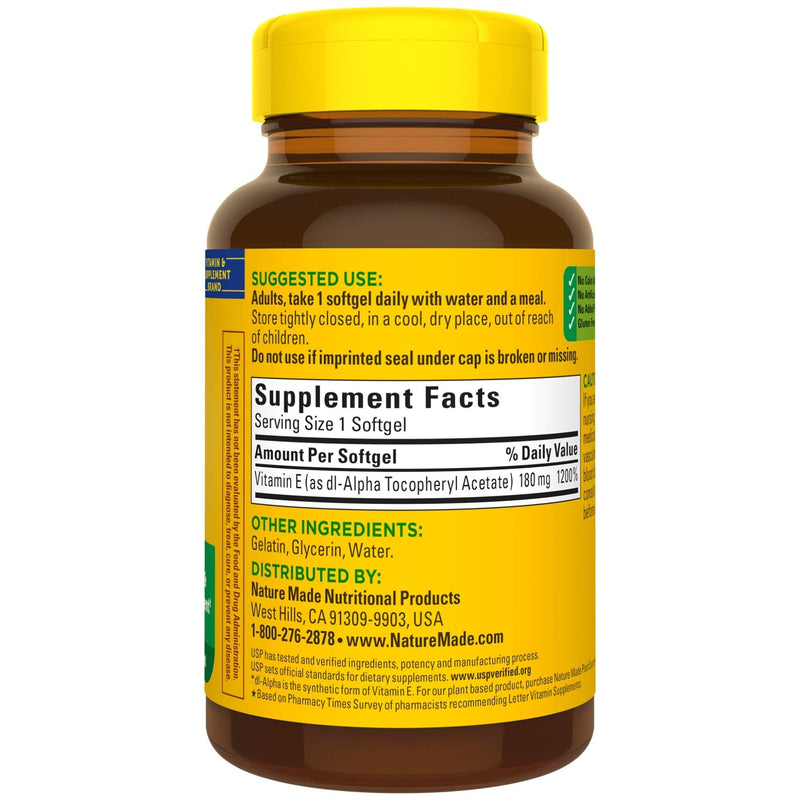 [Australia] - Nature Made Vitamin E 180 mg (400 IU) dl-Alpha, Dietary Supplement for Antioxidant Support, 180 Softgels, 180 Day Supply 180 Count (Pack of 1) 