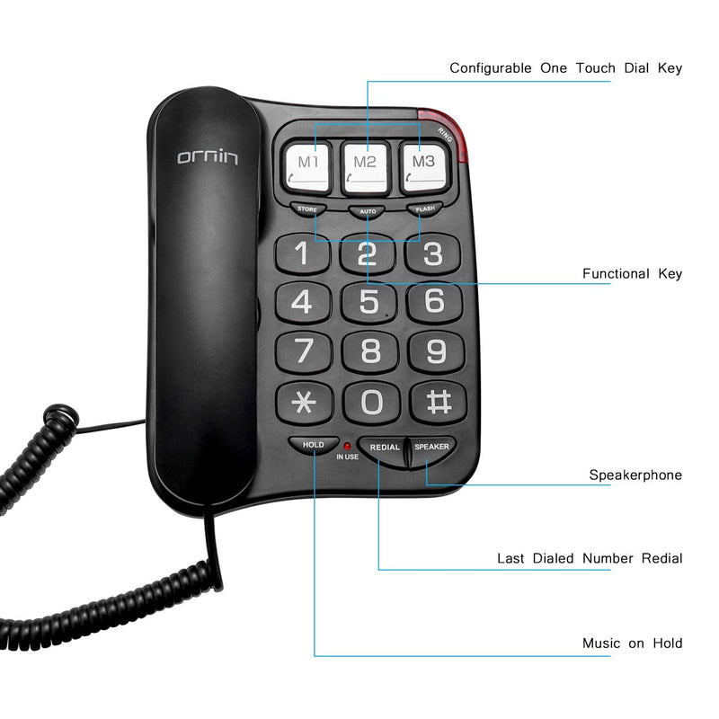 [Australia] - Ornin S016+ Big Button Corded Telephone with Speaker, Desk Phone (Black) 