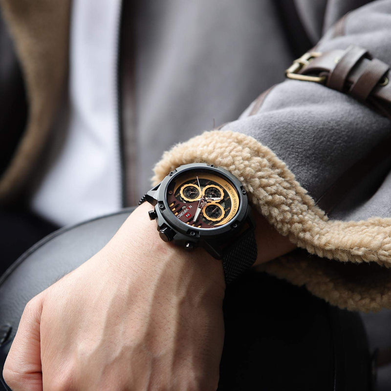 [Australia] - Sport Military Watches for Men Waterproof Watch Analog Quartz Leather Band Date Calendar Clock Wristwatch Black-Rose Gold-Black 