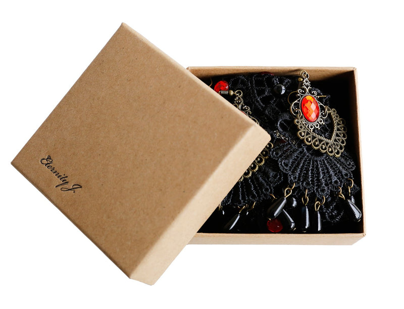 [Australia] - ETERNITY J. Elegant Vintage Black Lace Victorian Lolita Gothic Pendant Choker Necklace Earrings Set Red 