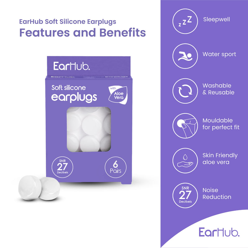 [Australia] - EarHub Sleepwell Soft Premium Silicone Earplugs Reusable & Custom Fit, Best Used for Sleep, Travel, Water Sports, Work, Study & Concerts, Clear, 6 Pairs 