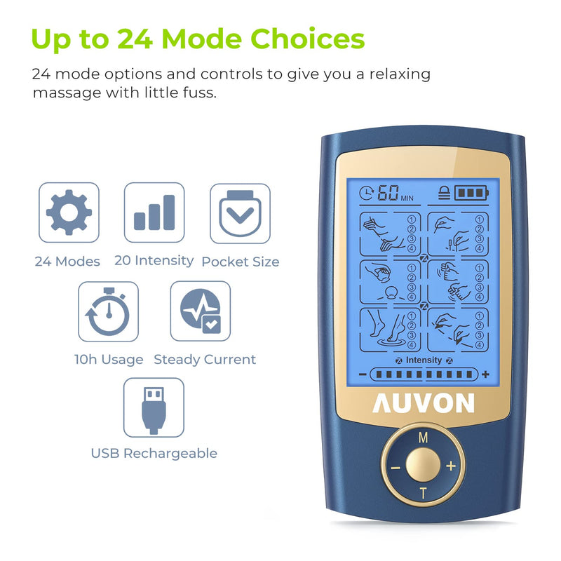 [Australia] - AUVON 2-in-1 TENS Unit Muscle Stimulator for Pain Relief with 24 Modes, Muscle Stimulator with Dust-Proof Bag, Cable Ties and 8 Replacement Pads 