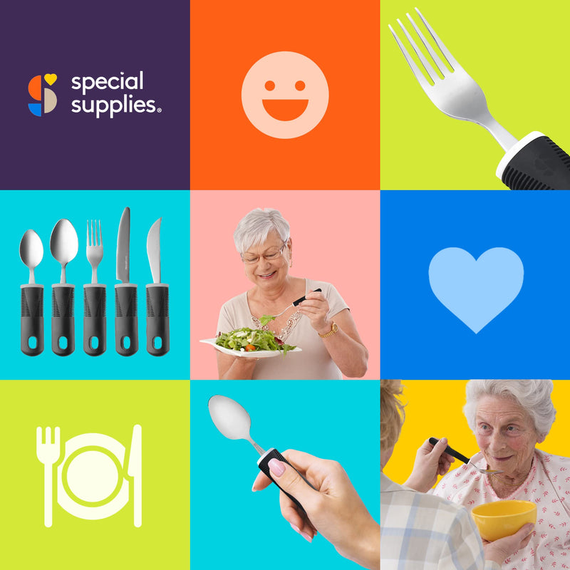 [Australia] - Special Supplies Adaptive Utensils (5-Piece Kitchen Set) Wide, Non-Weighted, Non-Slip Handles for Hand Tremors, Arthritis, Parkinson’s or Elderly use - Stainless Steel Knives, Fork, Spoons - Black 
