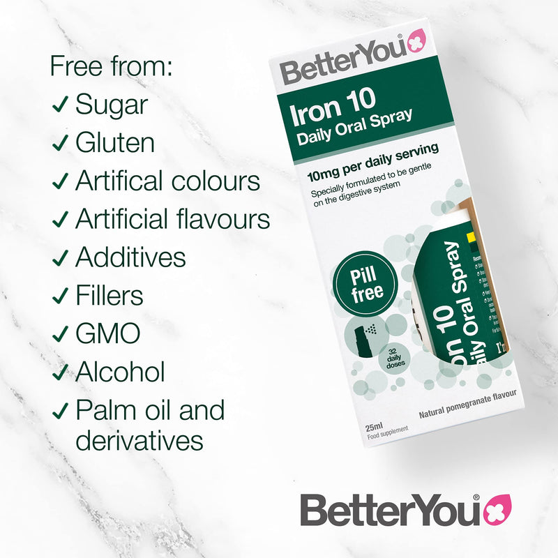 [Australia] - BetterYou Iron 10 Daily Oral Spray | Iron Supplement and Immune System Support | Delivers 10mg of Highly Absorbable Iron Per Dose | 25ml | 32 Daily Doses | Natural Pomegrante Flavour 