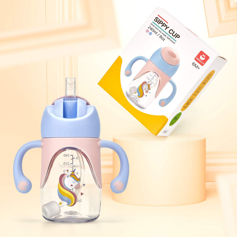 [Australia] - hahaland 2 in 1 Baby Cups & Sippy Cup with Straw and a Spout 240ML, Toddler Drinks Water Bottles Trainer Cup with Handles for Babies 6 12 Months - Unicorn (One Cup with 2 Nipples) Pink & Purple 