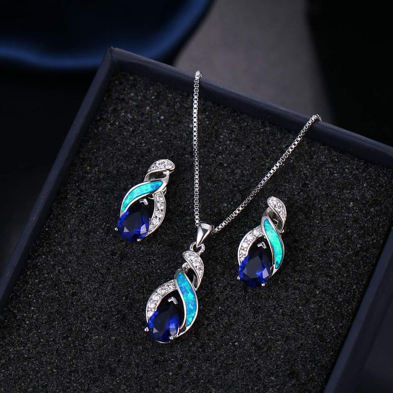 [Australia] - Hermosa Jewelry Sets Australian Opal Blue Sapphire Necklace Earrings JS3 