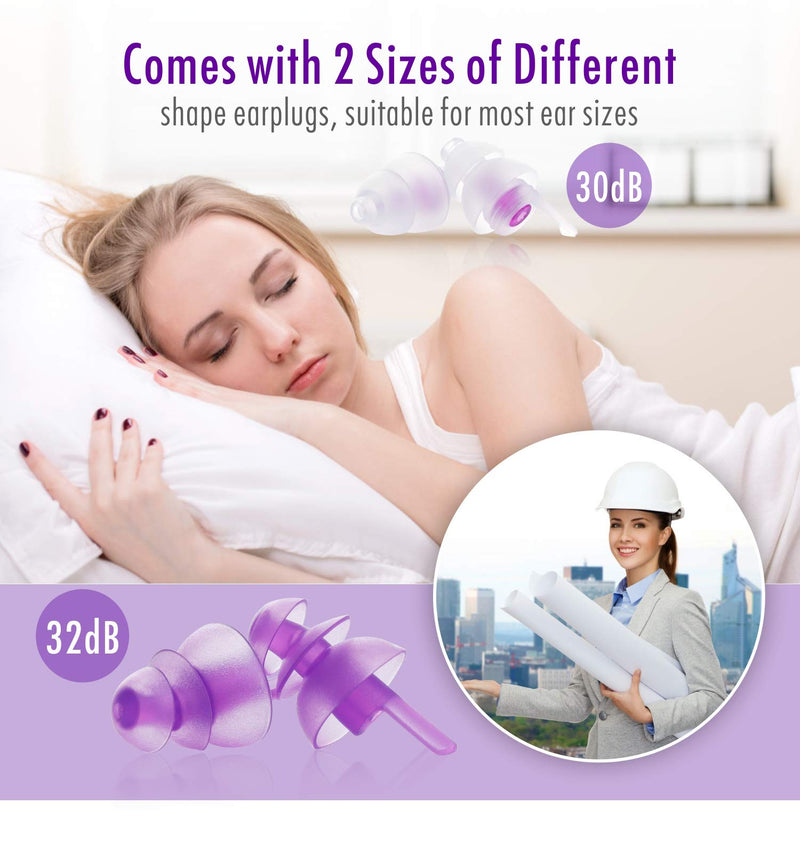 [Australia] - Sleeping Ear Plugs, Hearprotek 2 Pairs Ear Plugs (32db & 30db) Ultra Soft Noise Reduction and Hearing Protection earplugs for Side Sleepers, snoring, Travel, Working, Safety (Purple) Purple 