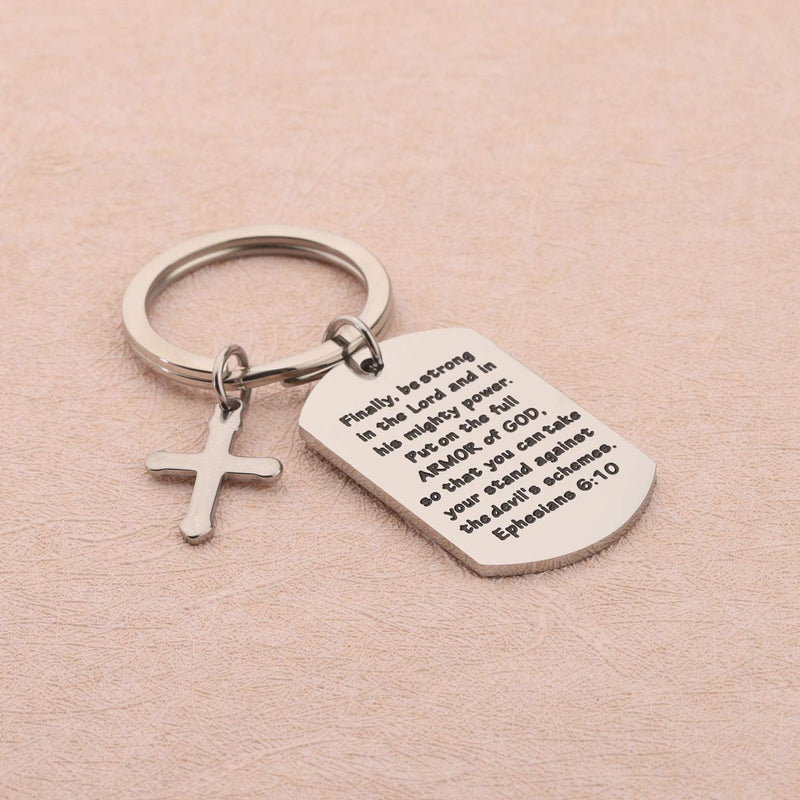 [Australia] - FUSTMW Christian Keychain Bible Verse Gifts Armor of God Cross Charm Ephesians 6:10 Religious Jewelry Confirmation Gifts silver 