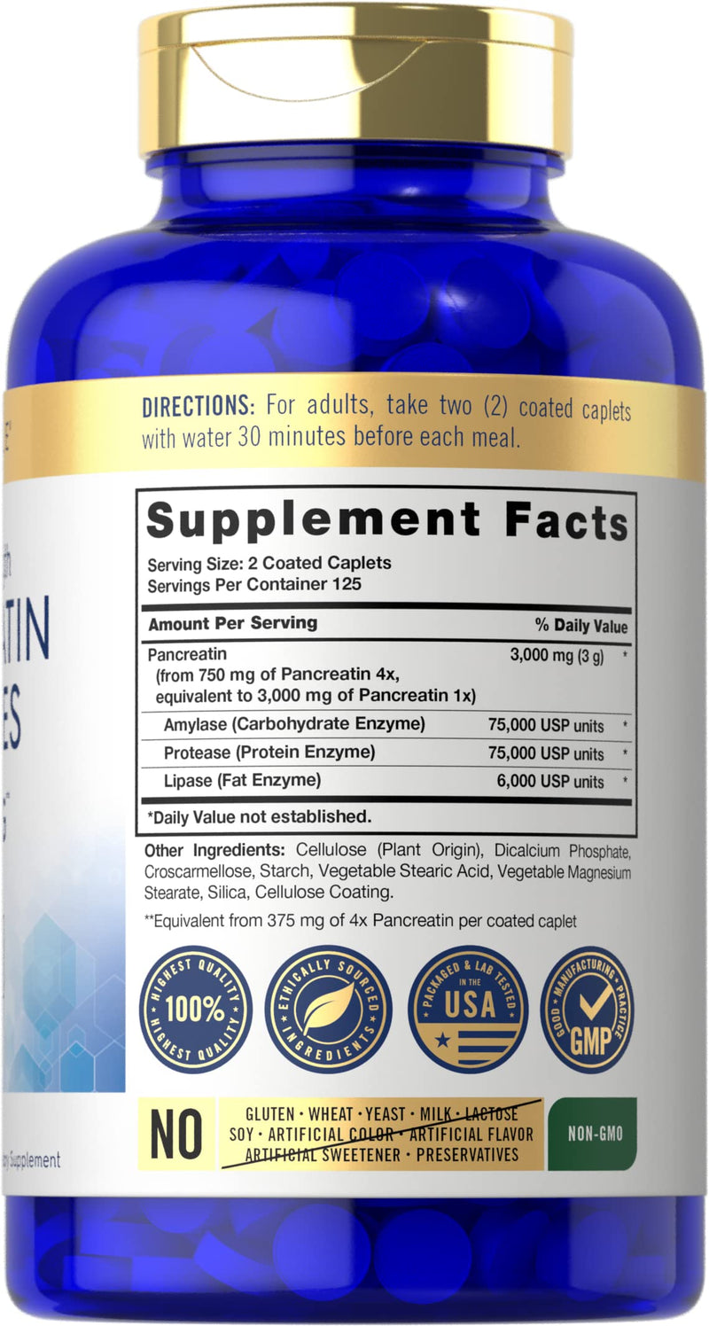 [Australia] - Pancreatin Digestive Enzymes | 1500mg | 250 Caplets | Non-GMO, Gluten Free | High Potency Formula | by Carlyle 