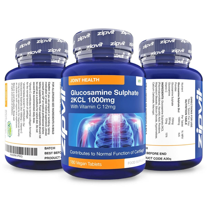 [Australia] - Glucosamine 2kcl 1000mg with Vitamin C, 180 Vegan Glucosamine Sulphate Tablets. 6 Months Supply, UK Manufactured Glucosamine Sulphate 1000mg. 