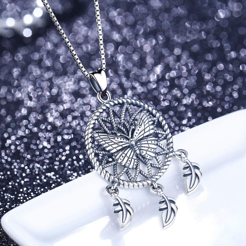 [Australia] - Aniu Butterfly Dream Catcher Necklace for Women, S925 Sterling Silver Feathers Girls Pendant (with Gift Box and 18 Inch Chain) 